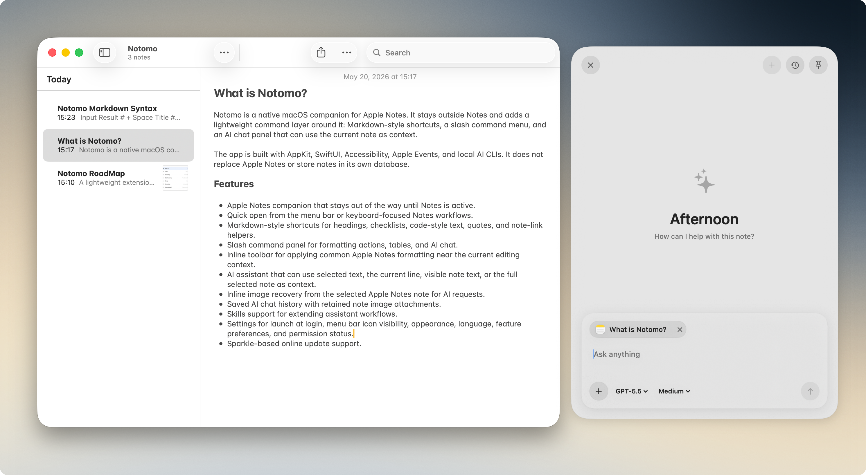 Notomo running beside Apple Notes with an assistant panel.