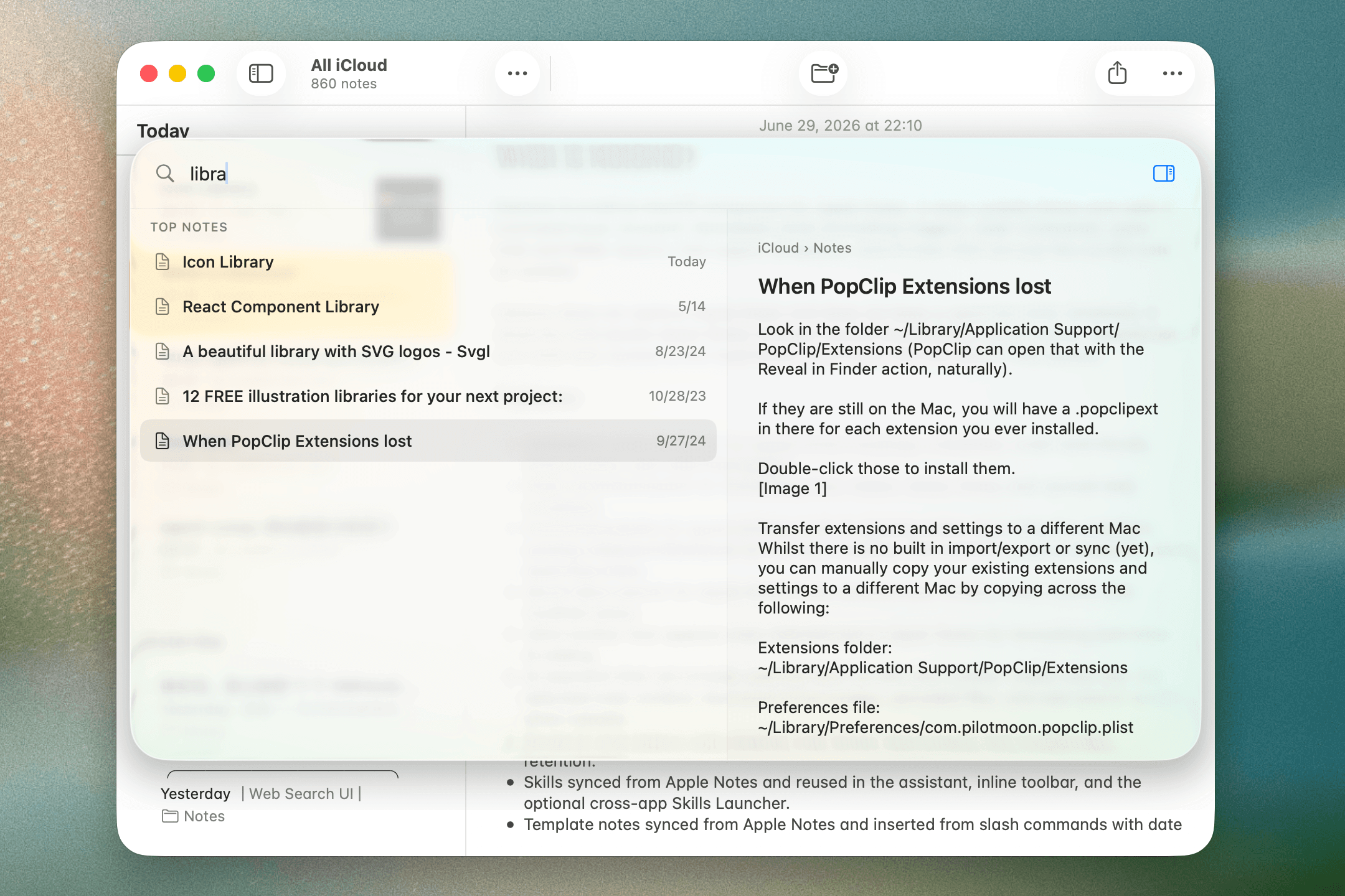 Notomo quick open panel searching Apple Notes.