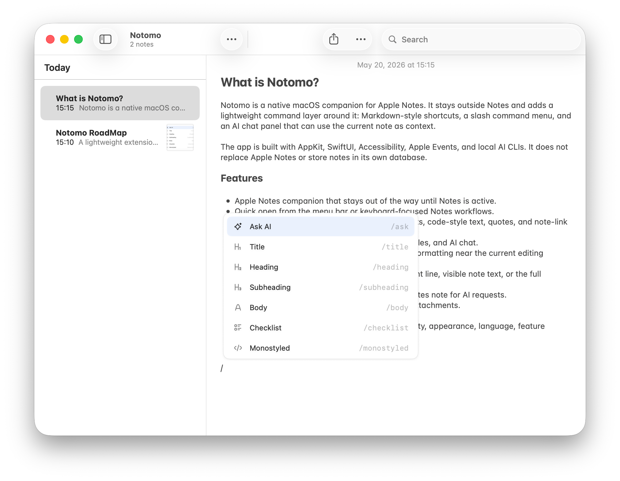 The Notomo slash command menu open on top of an Apple Notes document.