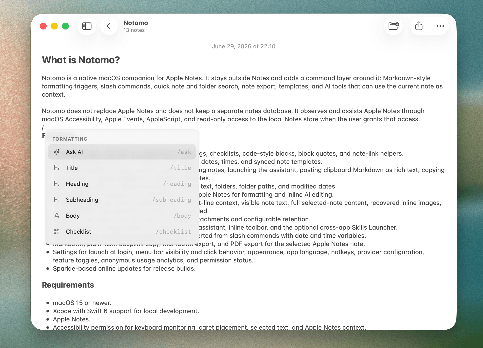 Notomo inline formatting toolbar floating over selected text in Apple Notes.