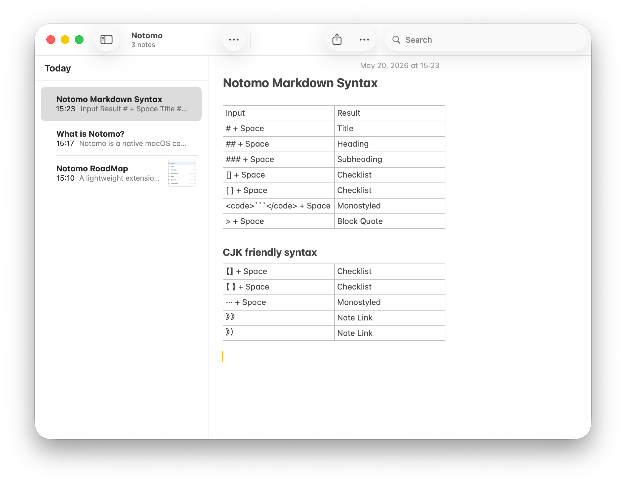 A Notomo note showing supported Markdown shortcuts inside Apple Notes.