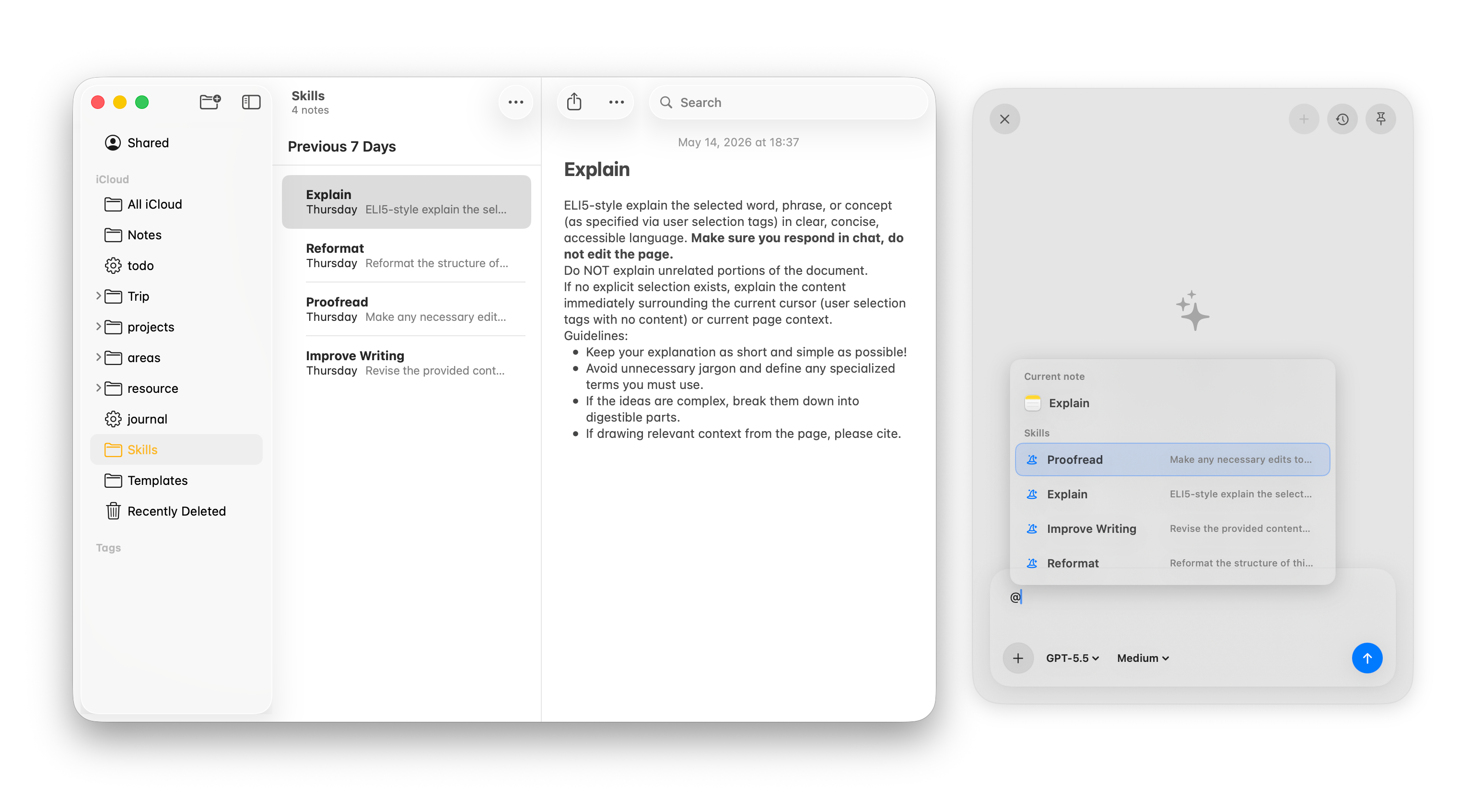 Notomo AI chat panel beside Apple Notes with the current note attached as context.