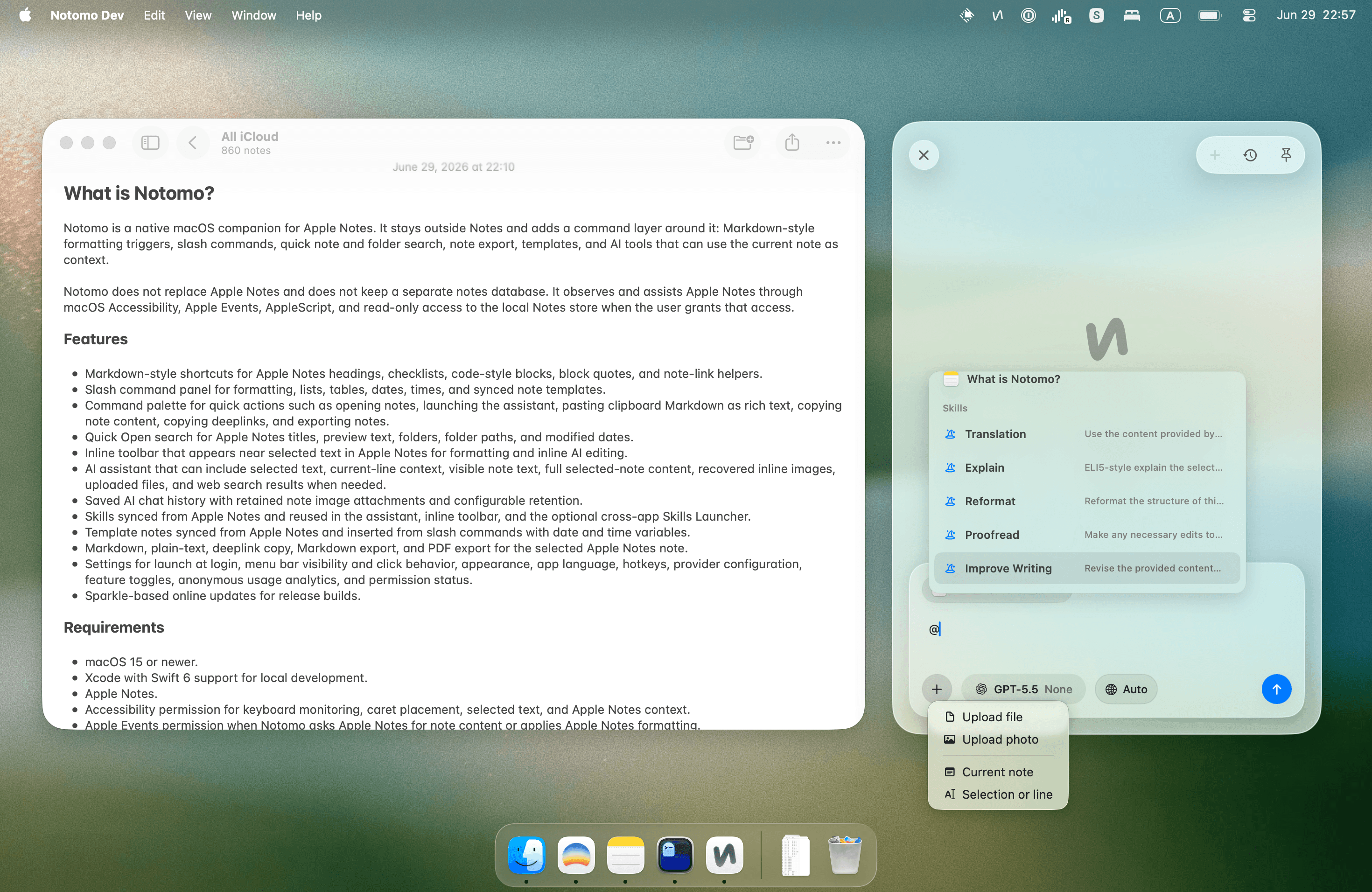 Notomo assistant panel beside Apple Notes with model and note context attached.