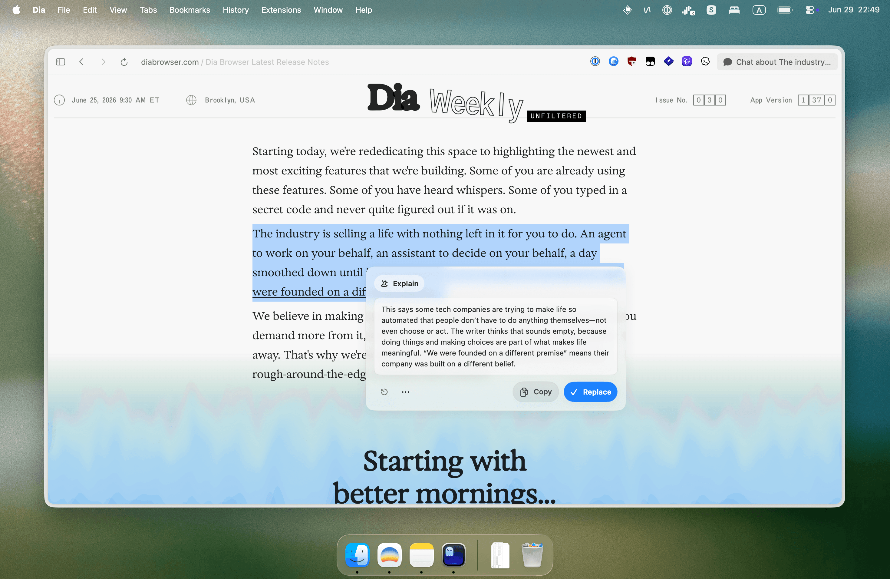 Notomo Skills running from selected text in a browser article.